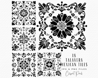 Black Talavera Tile Clipart Set: Mexican Mosaic Art (Digital Download)