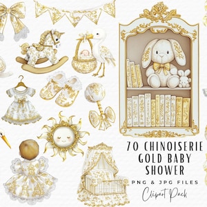 Boho babymeisje kleding clipart bundel, 70 aquarel toile baby shower pasgeboren gouden chinoiserie kwekerij decor clipart jpg, digitale download
