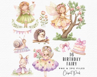 Pastel Watercolor Birthday Fairy Clipart, Cute Fantasy Fairytale Garden Fairies Magical Baby Shower Clipart, Digital Download Commercial Use