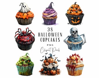 Watercolor Halloween Cupcakes Clipart, Spooky Treats (Digital Download)