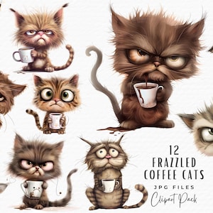 Frazzled Cat Clipart Bundle | Watercolor Quirky Funny Cartoon Tabby Coffee Cat Lover Clipart | Digital Download | Junk Journal Card Making