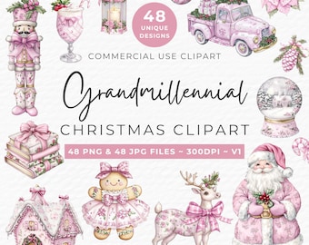 May include: A collection of pink Christmas-themed clipart illustrations. The image includes a nutcracker, a truck carrying gifts, a snow globe, Santa Claus, a gingerbread person, a deer, and other festive elements. Text reads "Grandmillennial Christmas Clipart".