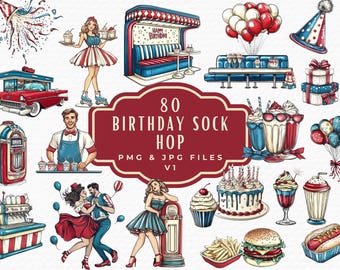 50s Diner Clipart Bundle: Retro Jukebox, Milkshake, Sock Hop (Digital Download)