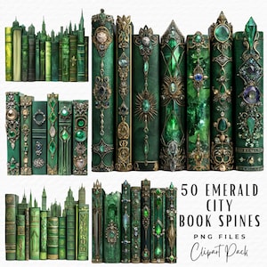 50 Emerald Stadt Buchrücken Clipart Bundle, Vintage verzierte Zauberer von Oz Grimoire Buchrücken Clipart, digitaler Download Junk Journal Scrapbook