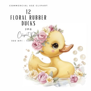 Pacchetto Clipart di bagnoschiuma con paperella di gomma / Clipart di paperella floreale rosa ad acquerello / Download digitale di paperella di gomma per bambini / Clipart per bambine per baby shower