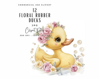 Watercolor Rubber Duck Clipart | Pink Floral, Baby Shower (Digital Download)