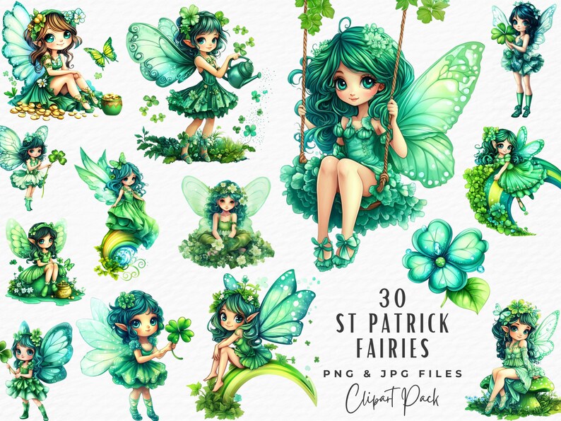 St Patrick Fairy Clipart Bundle, 30 Watercolor St Patricks Day Green ...