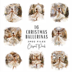 Pacote de clipart de bailarina de Natal, 16 clipart de balé quebra-nozes de férias de inverno em aquarela, download digital, uso comercial, cartão de Natal faça você mesmo