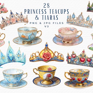 Clipart di tazze da tè da principessa, fantasiosa arte acquerellata per il tè, graziose tazze da tè e diademi a corona per lavoretti e inviti per bambini, download digitale