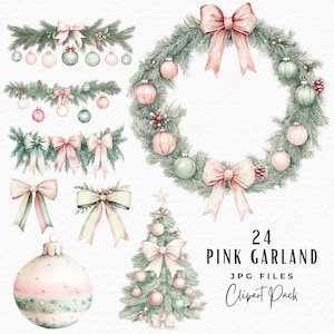 Garland Pink Bow Watercolor Clipart Bundle, 24 Vintage Christmas Holiday Fir Swag Wreath Clipart, Digital Download Commercial Use, Xmas Card