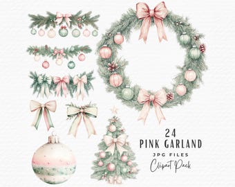Watercolor Christmas Clipart Bundle, Pink Bow Garland, Fir Swag Wreath (Digital Download)