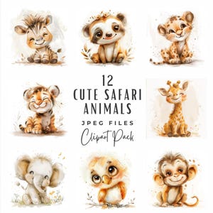 Bundle de cliparts animaux Safari mignon aquarelle, décoration de chambre de bébé animal de la jungle Shower de bébé Art mural Clipart en téléchargement numérique, usage commercial