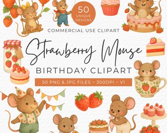 Watercolor Mouse Clipart, Strawberry Cottagecore Illustrations (Digital Download)