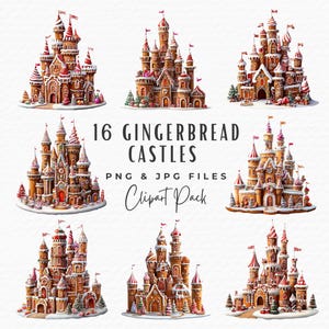Paquete de imágenes prediseñadas de castillo de jengibre, 16 imágenes prediseñadas de castillo de galleta de jengibre de Navidad en acuarela, paquete de imágenes prediseñadas de tarjeta navideña con descarga digital