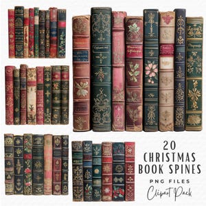 Pacchetto di clipart di dorso di libri di Natale, 20 clipart di dorso di libri vintage ornati ad acquerello, oro rosso e verde PNG JPG, download digitale per uso commerciale