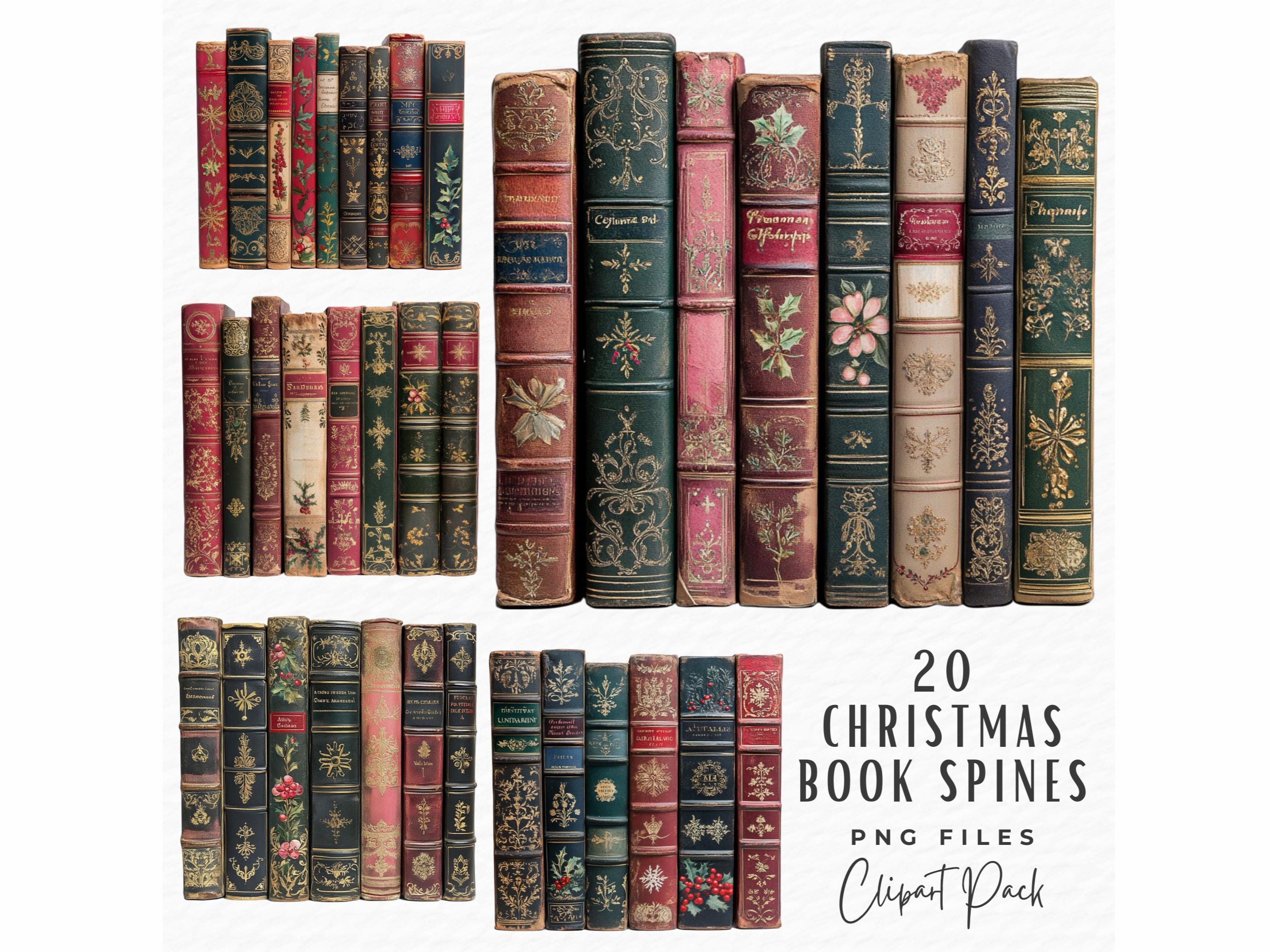 Christmas Book Spine Clipart Bundle, 20 Watercolor Ornate Vintage Gold Red Green Book Spine Clipart PNG JPG, Digital Download Commercial Use
