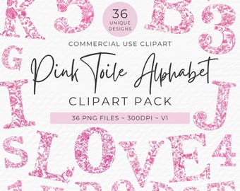 Pink Toile Floral Alphabet Clipart, Letters and Numbers (Digital Download)