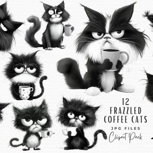 Frazzled Cat Clipart | Watercolor Quirky Funny Cartoon Black & White Coffee Cat Lover Clipart | Digital Download | Junk Journal Card Making