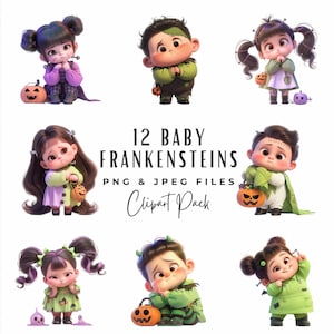 Quirky Halloween Frankenstein Clipart Bundle, Frankenstein Baby Clip Art, Digital Download, Commercial Use, Whimsical Spooky Season Clipart