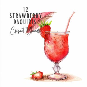 Clipart de daiquiri de fresa, ilustración de bebida de cóctel de verano de daiquiri de fresa con acuarela, clipart JPG, descarga digital, uso comercial