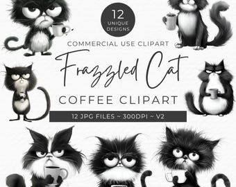 不機嫌なコーヒー猫のクリップアート：ジャンクジャーナル用の面白い疲れた猫（JPGファイル、商用利用可能）