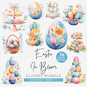 Puede incluir: Conjunto de imágenes prediseñadas de acuarela con 16 diseños únicos de Pascua. Los diseños incluyen huevos de Pascua decorados, arreglos florales y bandejas de servicio escalonadas. También se incluye el texto "Easter In Bloom" y "Clipart Bundle".