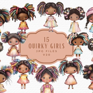 Quirky Girl Clipart, Whimsical Watercolor African American Black Fashion Girl Junk Journal Planner Girl Scrapbook Clip Art, Digital Download
