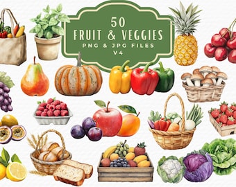 Watercolor Farmers Market Clipart: 50 Fruit, Veggie, & Cheese Illustrations (Digital Download)