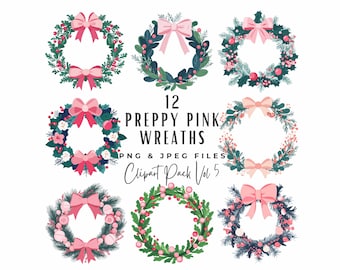 Watercolor Pink Christmas Wreath Clipart, Preppy Bow PNG (Digital Download)
