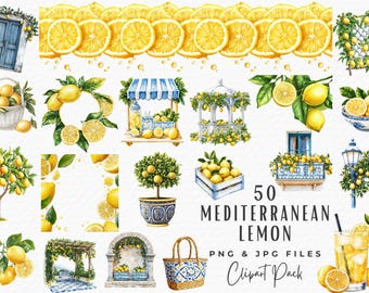 Watercolor Lemon Clipart Bundle: Mediterranean Summer PNG (Digital Download)