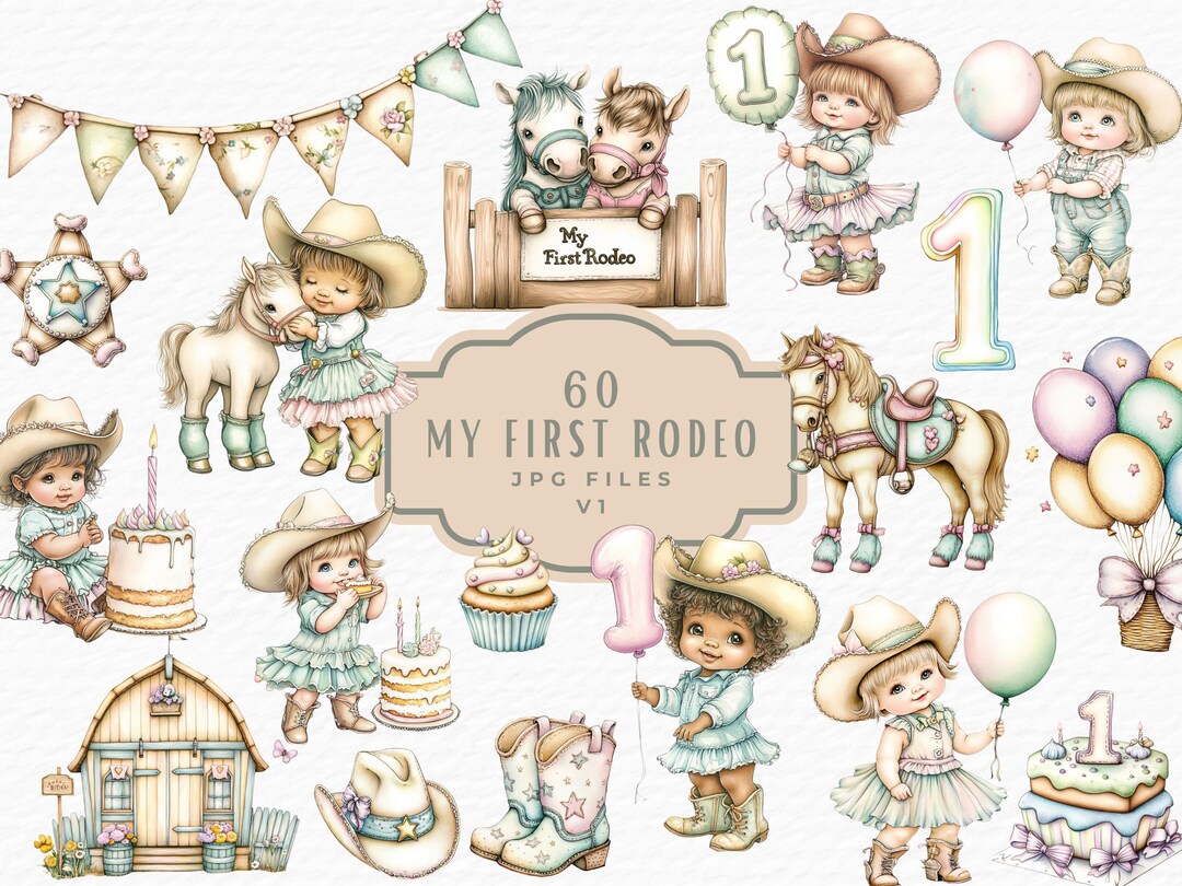 My First Rodeo Childrens Clipart: Watercolor Cowgirl, 1st Birthday ...