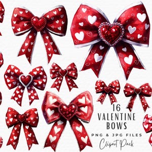 Set di clipart di fiocchi per San Valentino, 16 clipart di fiocchi estetici con cuori rossi e acquerello PNG JPG, download digitale, decorazioni per uso commerciale