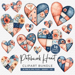 Pacchetto di clipart di cuori patchwork, cuori trapuntati ad acquerello (download digitale)