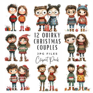 Pacote de clipart de casal de Natal peculiar, download digital, uso comercial, 12 clipart de casal de Natal de férias de inverno em aquarela fofo e engraçado JPG