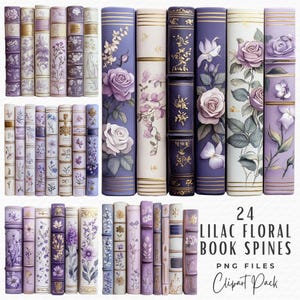 Imágenes prediseñadas de lomos de libros, portada de libro con flores lilas, imprimible en acuarela vintage, descarga digital, uso comercial, arte de scrapbooking digital