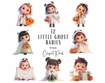 ハロウィンゴーストベビークリップアートバンドル、風変わりなPNGグラフィック（デジタルダウンロード）