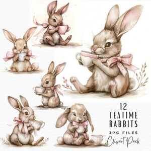 Clipart coniglio tazza da tè, 12 simpatici clipart coniglietto da tè acquerello primaverile vintage JPG, download digitale uso commerciale, clipart coniglietto pasquale