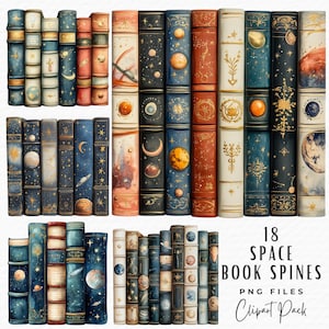 Könnte beinhalten: 18 digitale Illustrationen von Buchrücken mit Weltraumthema. Die Rücken zeigen Himmelskörper, Sterne und Sternbilder in verschiedenen Farben, darunter Blau, Gold und Rot. Der Text "18 SPACE BOOK SPINES" befindet sich am unteren Rand des Bildes.