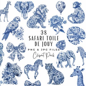 Safari toile baby shower clipartbundel, blauwe vintage Franse chinoiserie jungle dieren clipart, babyshower voor jongen png, digitale download