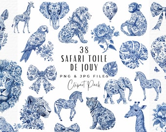 Safari Toile Baby Shower Clipart Bundle, Blue Vintage French Chinoiserie Jungle Animal Clipart, Baby Shower For Boy PNG, Digital Download