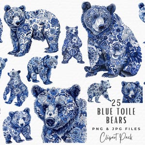 Toile Bear Clipart, Watercolor Blue Floral Vintage French Toile De Jouy Bear Clipart, Digital Download Commercial Use, Toile Baby Shower PNG