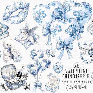 Clipart toile de la Saint-Valentin, 56 aquarelle bleu et blanc Chinoiserie grand-millénaire Clipart PNG, téléchargement numérique à usage Commercial