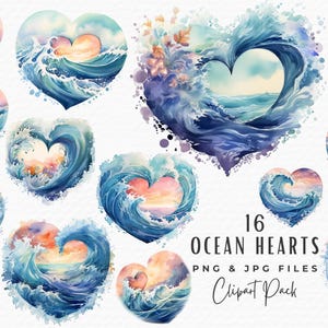 May include: A set of 16 watercolour illustrations of ocean waves forming heart shapes. The illustrations are in shades of blue, green, and pink, with a sunset in the background. The text "16 OCEAN HEARTS PNG & JPG FILES Clipart Pack" is at the bottom of the image.