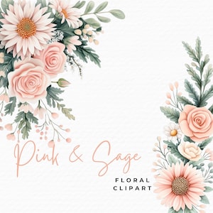 Sage Green and Pink Floral Clipart, 100 Elegant Watercolor Wedding Birthday Flowers Dusty Rose Clipart PNG, Digital Download Commercial Use