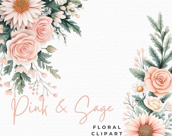Watercolor Floral Clipart, Sage Green and Pink Flowers (Digital Download)
