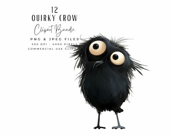Watercolor Cute Crows Clipart Bundle, 12 Quirky Crow Halloween PNG JPEG Clipart Digital Download, Junk Journal Scrapbook Digital Paper Craft