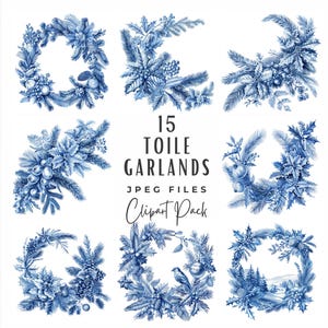 Clipart de toile navideño, 15 guirnaldas chinas azules y blancas vintage para fiestas, paquete de clipart de tarjetas navideñas con efímeras en papel digital