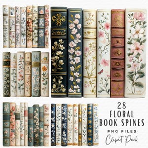 28 Clipart di dorsi di libri floreali, Clipart di dorsi di libri con fiori primaverili vintage, Download digitale, Clip art di album di ritagli di giornale di spazzatura Grimoire PNG