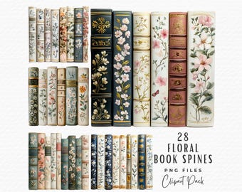 28 Floral Book Spine Clipart, Vintage Spring Flower Book Spines Clipart, Digital Download, Grimoire Junk Journal Scrapbook Clip Art PNG
