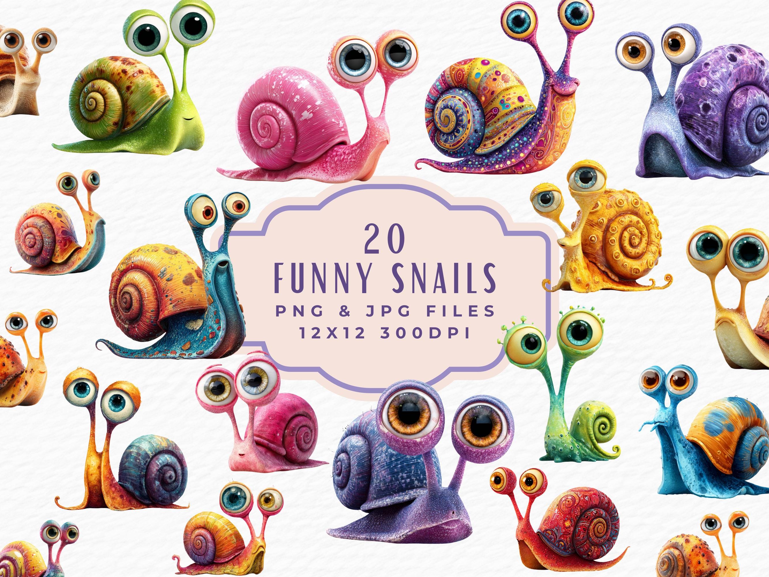 Quirky Snail Clipart, Watercolor Funny Cute Kawaii Snail Animal Junk Journal & Scrapbooking Clipart PNG JPG, Digital Download Commercial Use